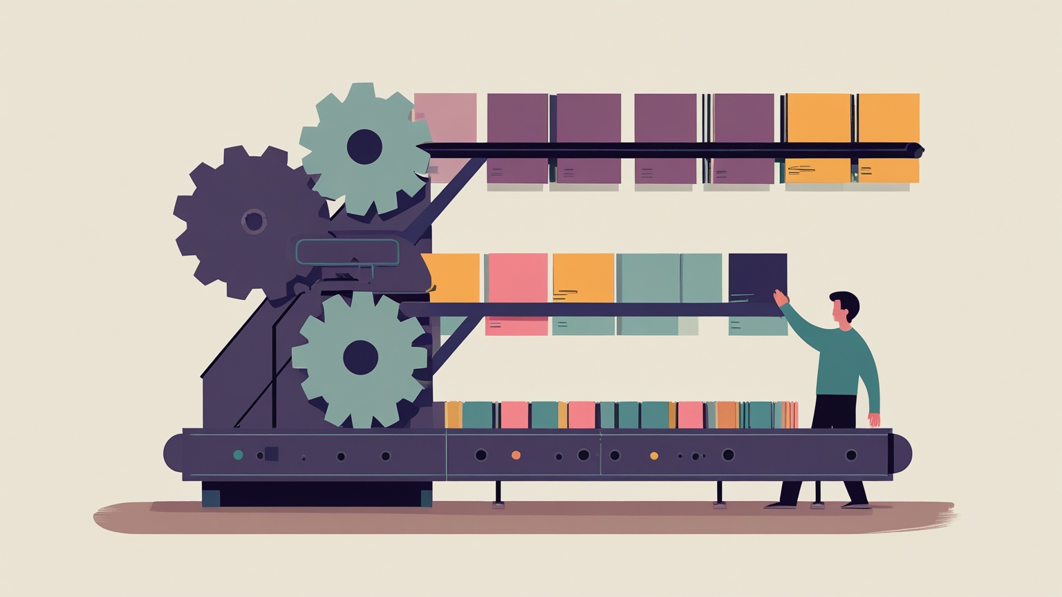 A flat illustration of a machine of gears sorting coloured job cards into rows while a person reaches in to move one card to another row. Illustration generated with Leonardo AI.