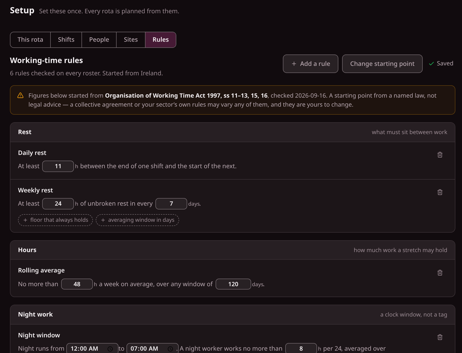 Fivexer's Rules tab for a demo food-packing workspace, started from Ireland's figures: 11 hours' daily rest, 24 hours' weekly rest in every 7 days and a 48-hour average, with the sections of the 1997 Act they came from. Demo data, local capture, 18 Oct 2026.